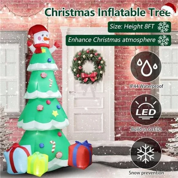 8 FT Christmas Inflatables Tree with Snowman and 3 Gift Boxes, LED Lights